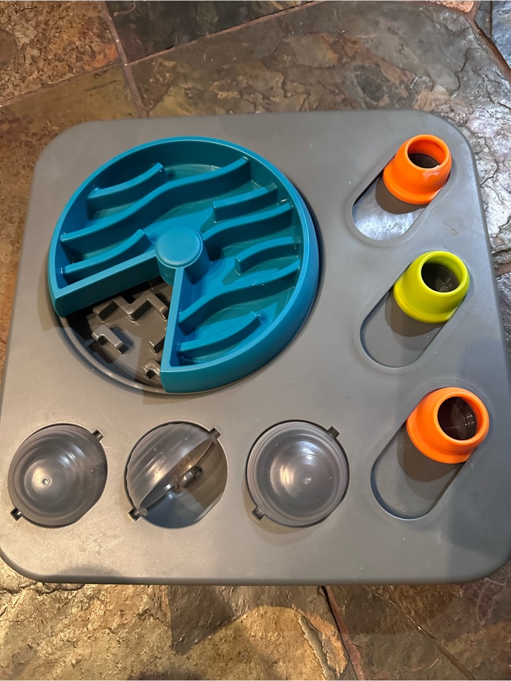 Interactive Dog Puzzle Toy - Grey with Teal, Orange & Lime Pieces